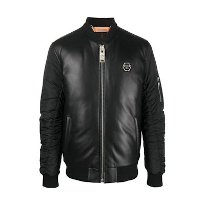 PHILIPP PLEIN SS23 Black Jacket with Solid Color and Logo Patch Design FABC-MLB1571-PLE010N-02