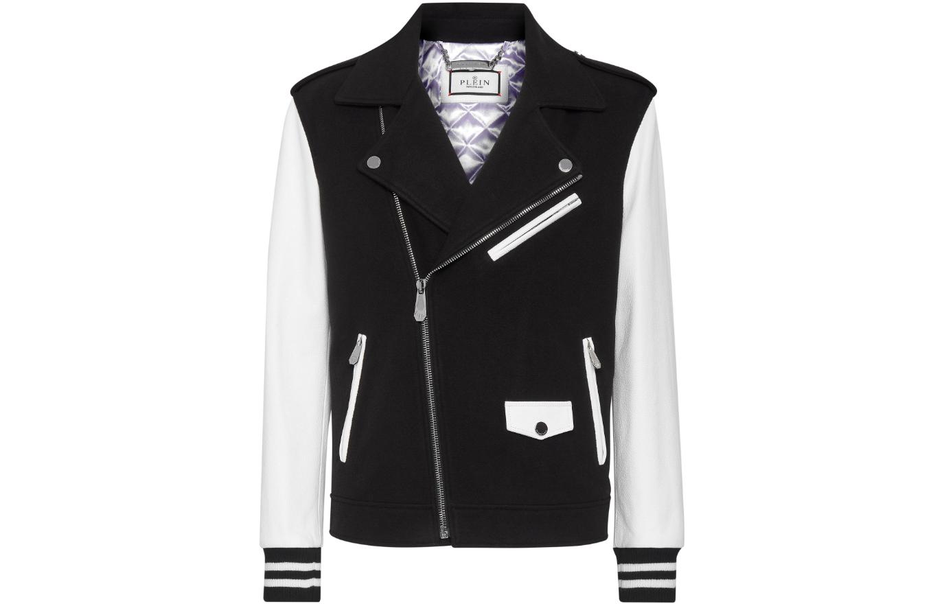 PHILIPP PLEIN SS23 Black Leather Biker Jacket with Back Logo Patch for Men FACC-MLB1715-PTE120N-0201