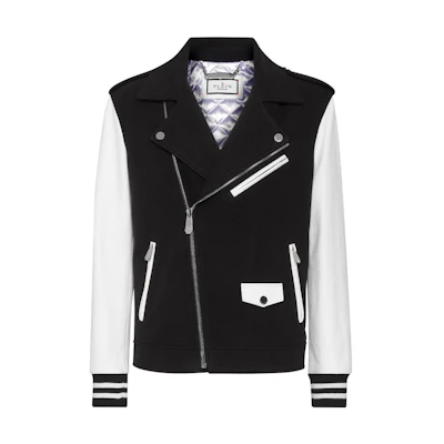 PHILIPP PLEIN SS23 Black Leather Biker Jacket with Back Logo Patch for Men FACC-MLB1715-PTE120N-0201
