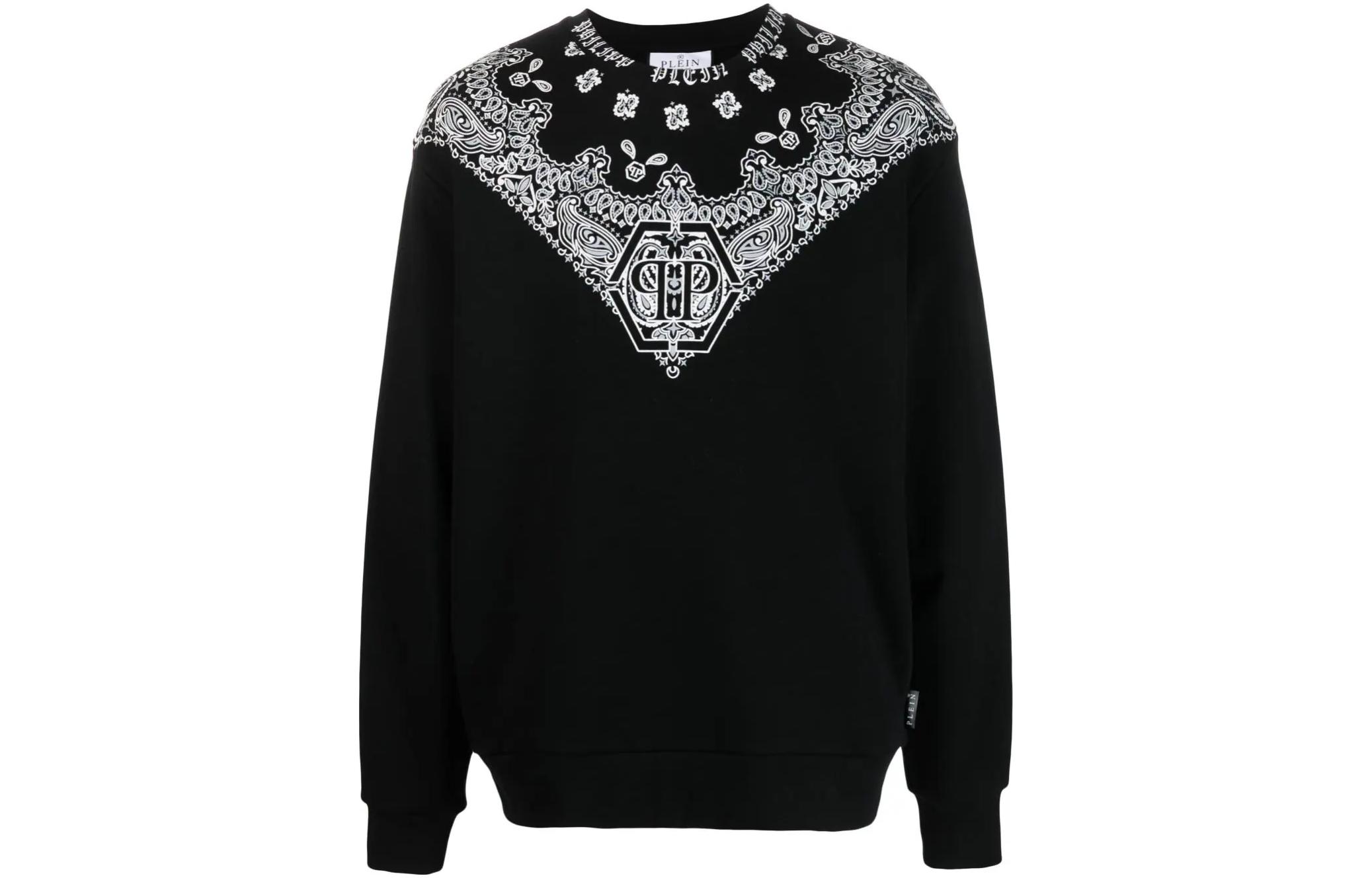 PHILIPP PLEIN SS23 Black Long-Sleeve Pullover Sweatshirt with Logo Print FACCMJO1059PJO002N02