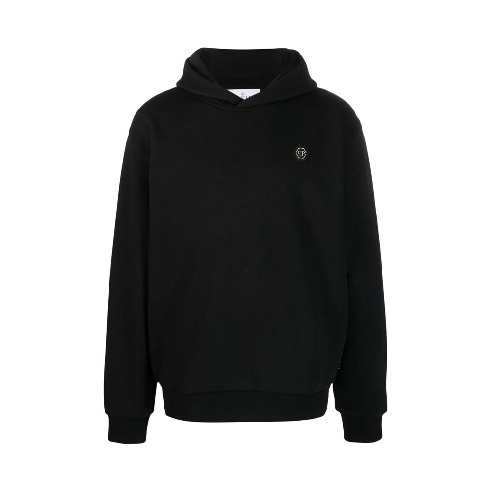 PHILIPP PLEIN SS23 Black Monochrome Logo Patch Hoodie Long Sleeve PACC-MJB2721-PJY002N-02