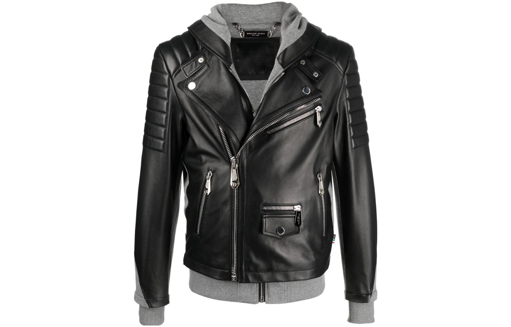 PHILIPP PLEIN SS23 Black Patchwork Hooded Biker Jacket FABC-MLB1580-PLE010N-02