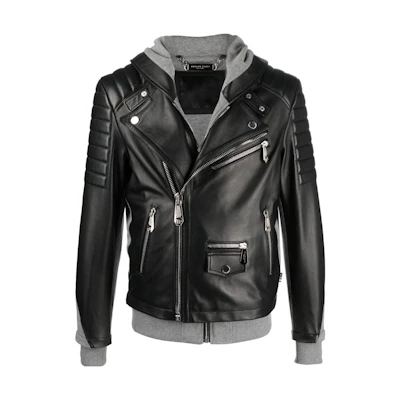 PHILIPP PLEIN SS23 Black Patchwork Hooded Biker Jacket FABC-MLB1580-PLE010N-02