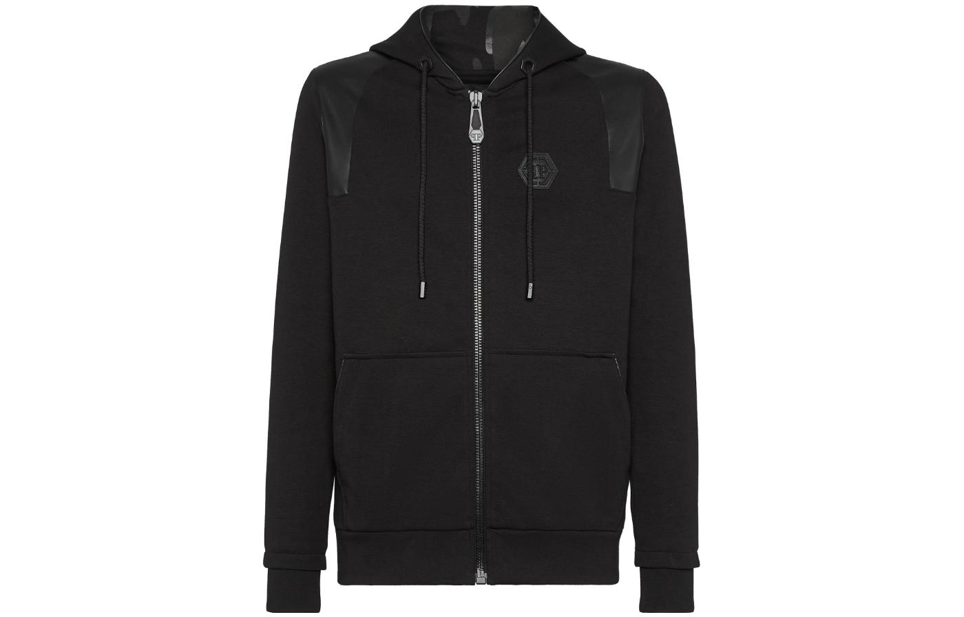 PHILIPP PLEIN SS23 Black Plain Logo Patch Hooded Jacket A20C-MJB1980-PJO002N-02