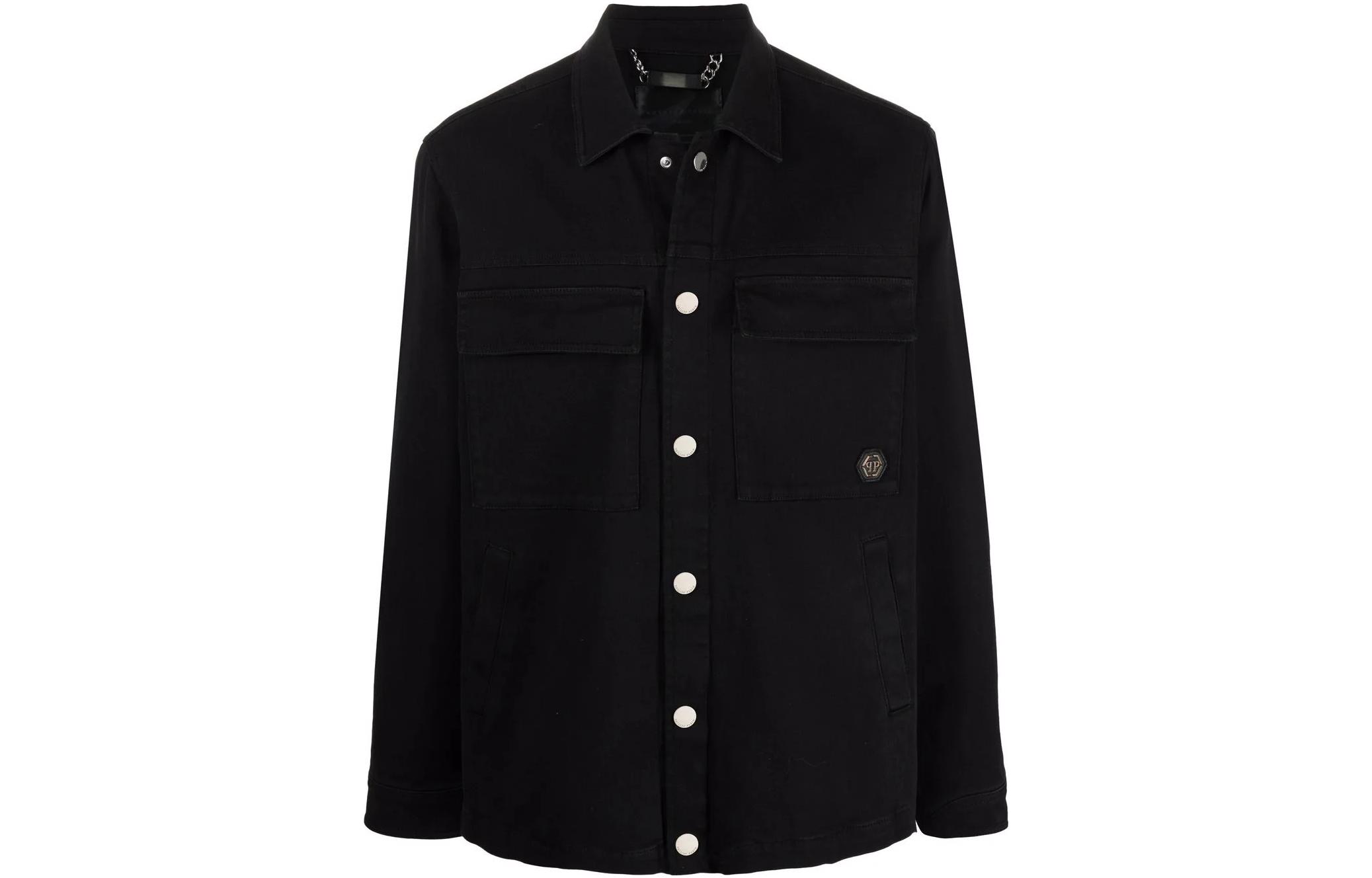 PHILIPP PLEIN SS23 Black Solid Shirt-Collar Button-Up Jacket SABC-MRB1832-PTE003-02