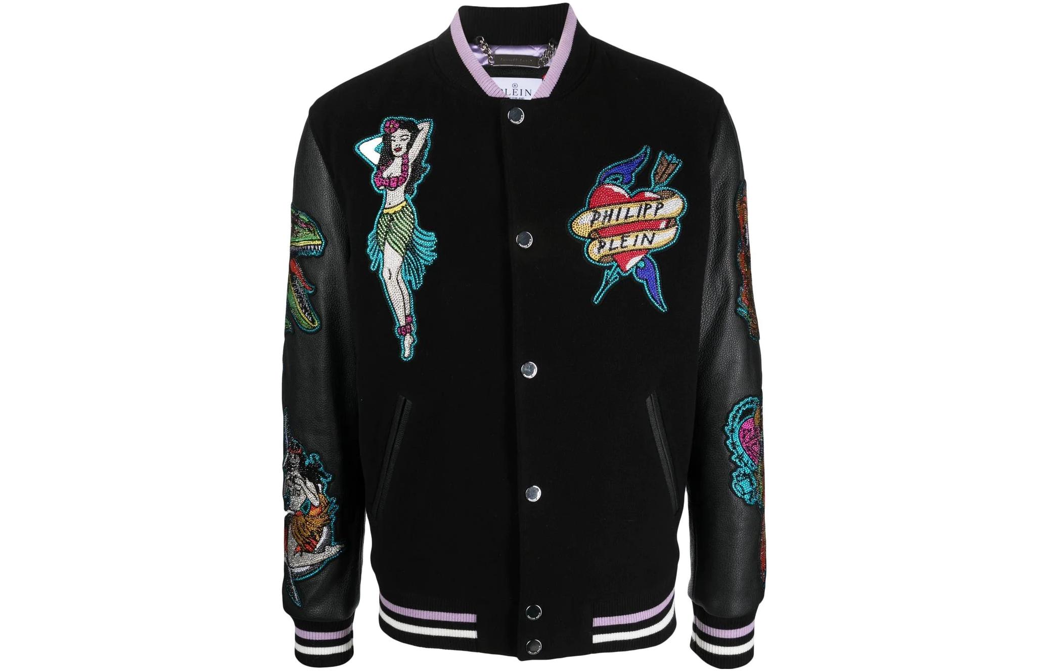 PHILIPP PLEIN SS23 Black Striped Graphic Patch Bomber Jacket SACC-MLB1697-PTE120N-02