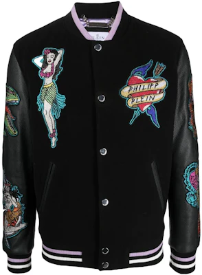 PHILIPP PLEIN SS23 Black Striped Graphic Patch Bomber Jacket SACC-MLB1697-PTE120N-02 Buy PHILIPP PLEIN SS23 Black Striped Graphic Patch Bomber Jacket SACC-MLB1697-PTE120N-02