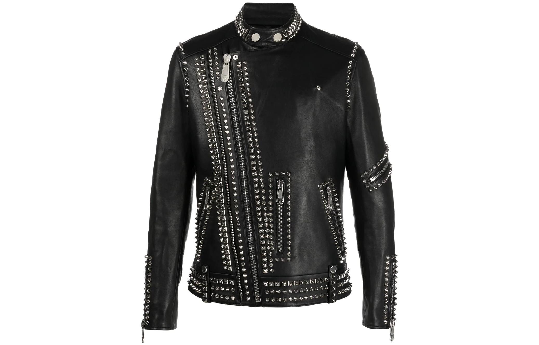 PHILIPP PLEIN SS23 Black Studded Leather Biker Jacket AABC-MLB1628-PLE010N-02