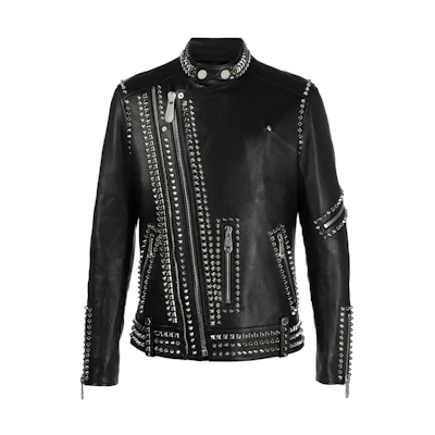 PHILIPP PLEIN SS23 Black Studded Leather Biker Jacket AABC-MLB1628-PLE010N-02
