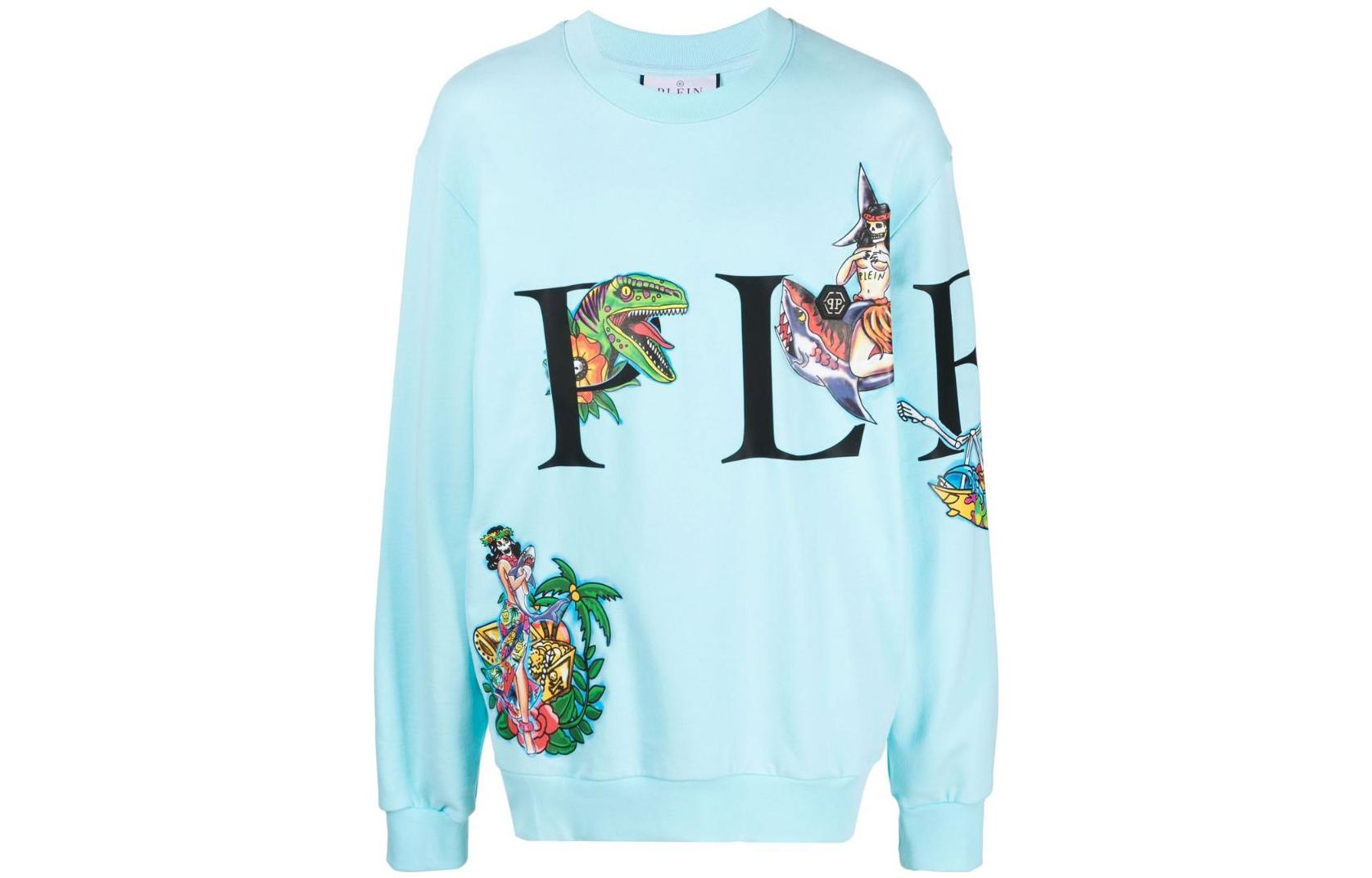 PHILIPP PLEIN SS23 Blue Logo Print Crewneck Long-Sleeve Sweatshirt SACC-MJO0989-PJO002N-07