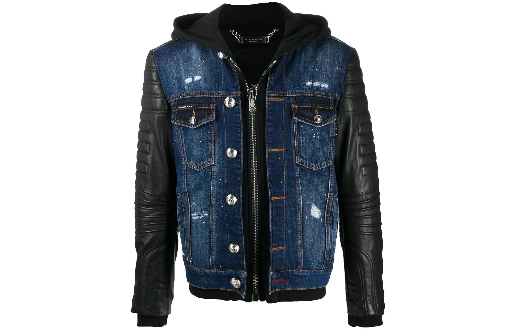 PHILIPP PLEIN SS23 Blue Patchwork Hooded Zip Pocket Jacket A20C-MDB0291-PDE004N-08GC