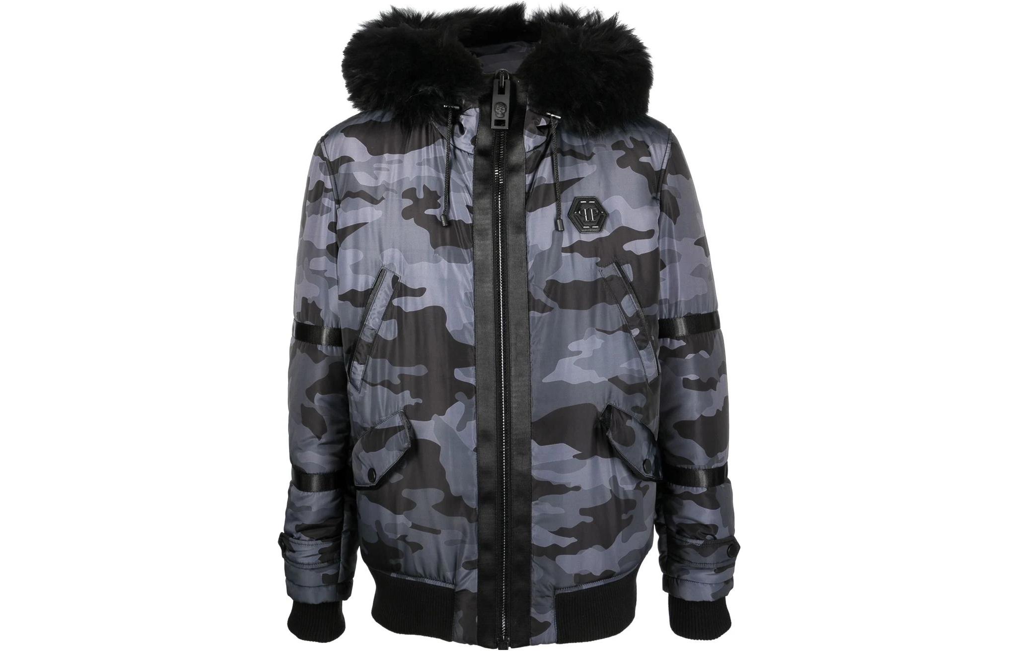 PHILIPP PLEIN SS23 Camo Logo Patch Hoodie Jacket Black FABC-MRB1961-PNY002N-02