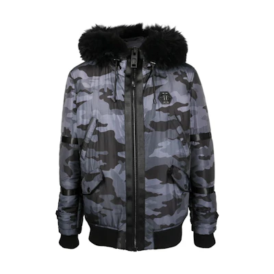 PHILIPP PLEIN SS23 Camo Logo Patch Hoodie Jacket Black FABC-MRB1961-PNY002N-02