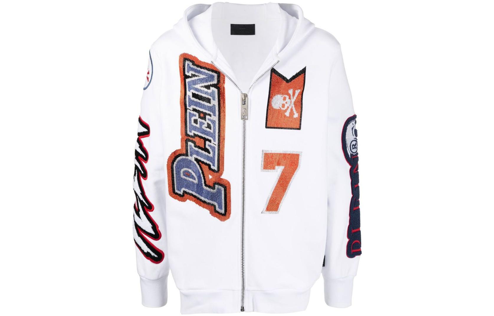 PHILIPP PLEIN SS23 Crystal-Embellished Logo Print Hoodie White PABC-MJB2691-PJO002N-01