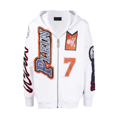 PHILIPP PLEIN SS23 Crystal-Embellished Logo Print Hoodie White PABC-MJB2691-PJO002N-01
