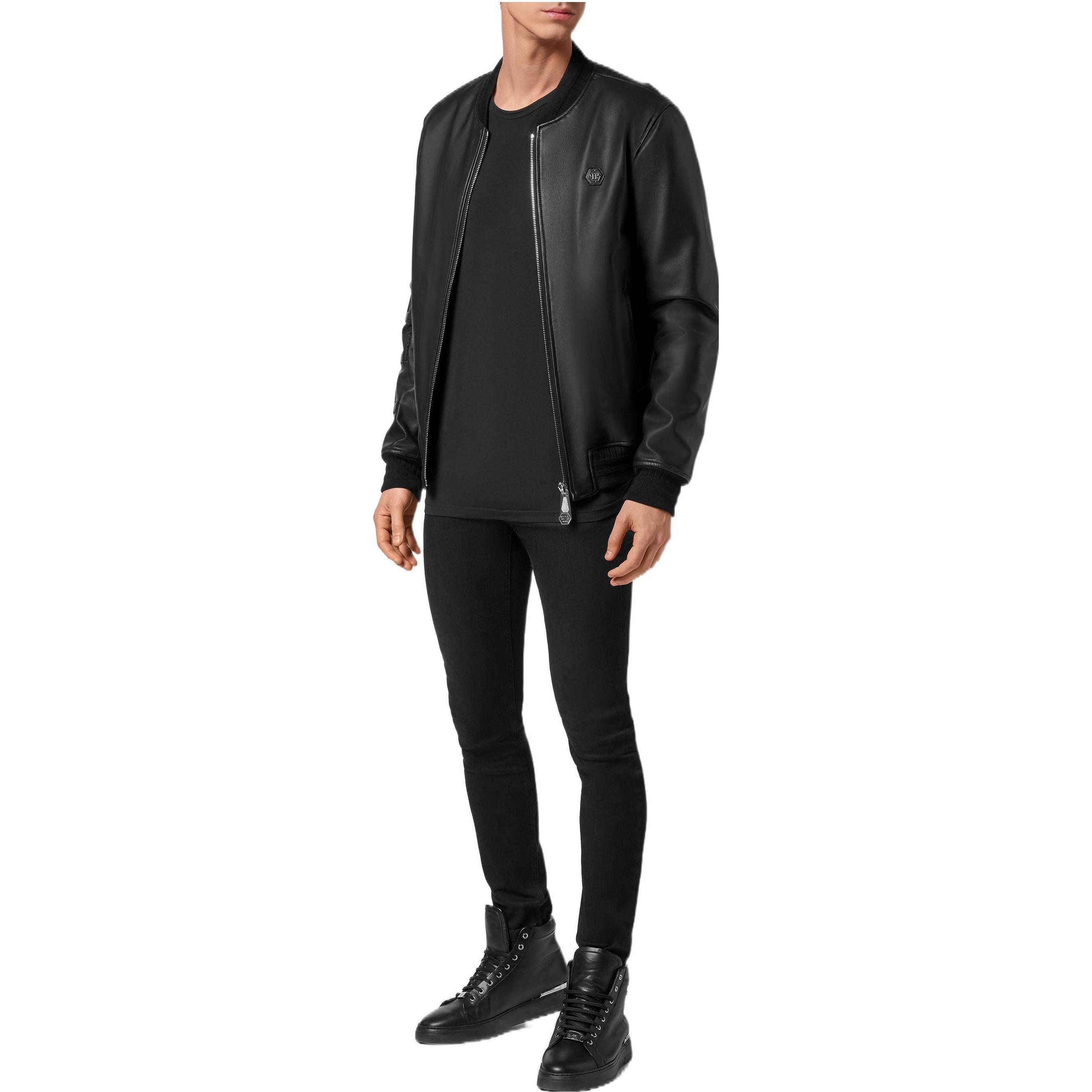 Lookbook PHILIPP PLEIN SS23 浮雕Logo皮革外套 黑色 時尚款式 FAAC-MLB1419-PLE010N-02