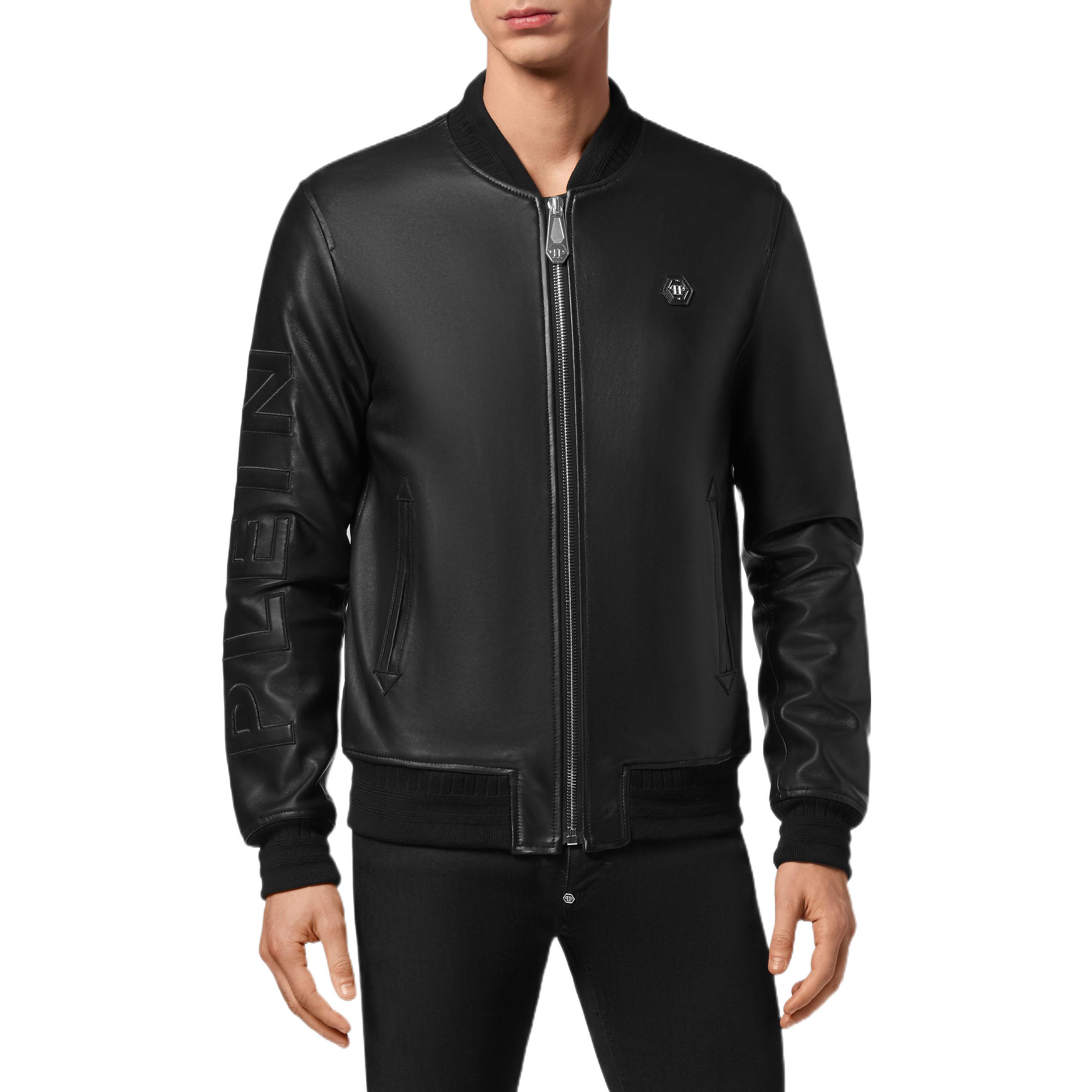 Shop PHILIPP PLEIN SS23 浮雕Logo皮革外套 黑色 時尚款式 FAAC-MLB1419-PLE010N-02