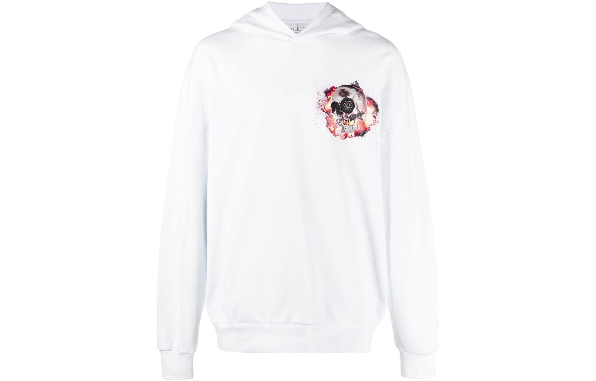 PHILIPP PLEIN SS23 Flame Skull Logo Hoodie White Casual Sweatshirt PACC-MJB2970-PJO002N-01