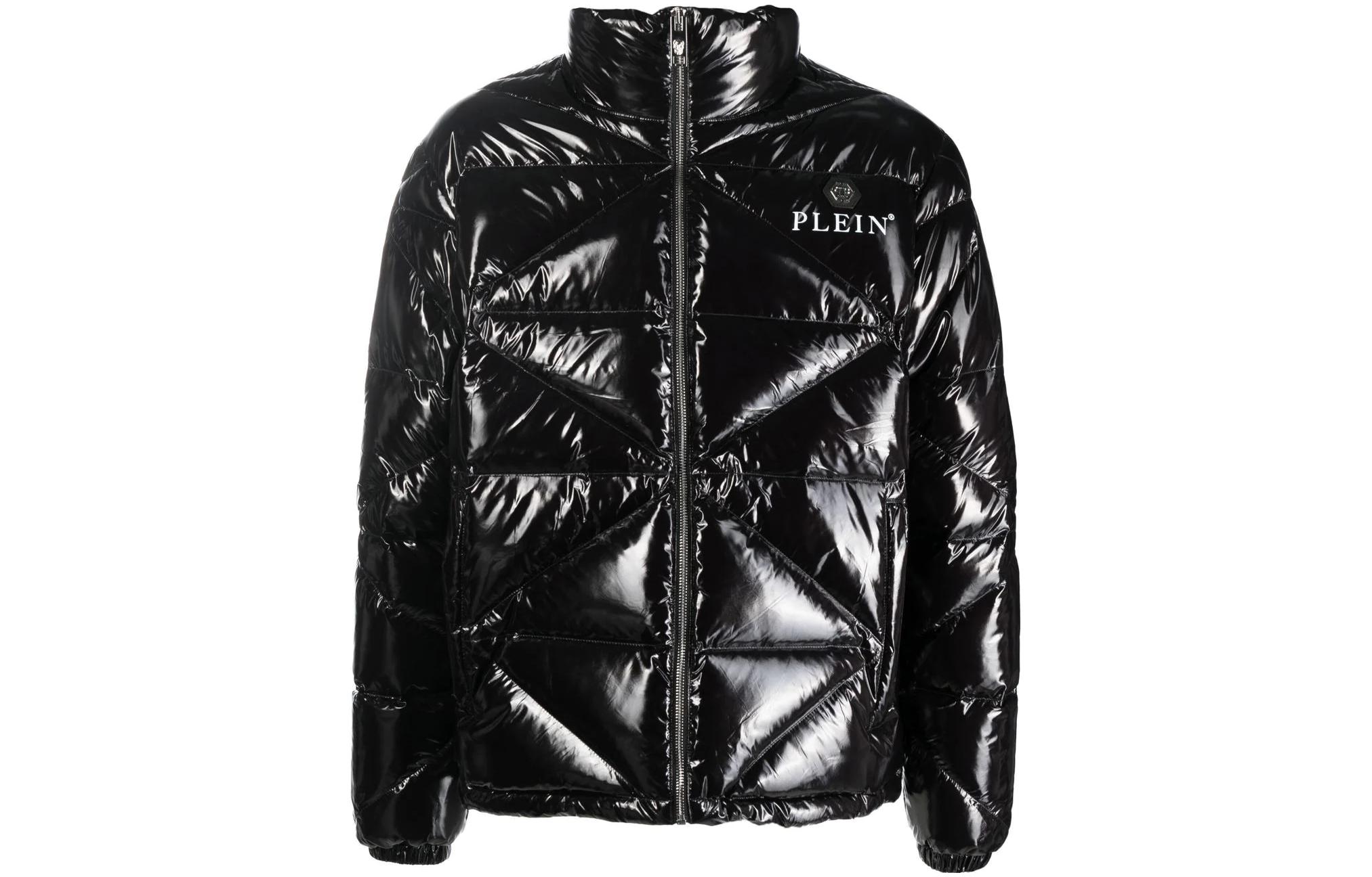 Philipp Plein SS23 Glossy Letter Print High Neck Jacket Black  Outerwear FABC-MRB2028-PNY002N-02