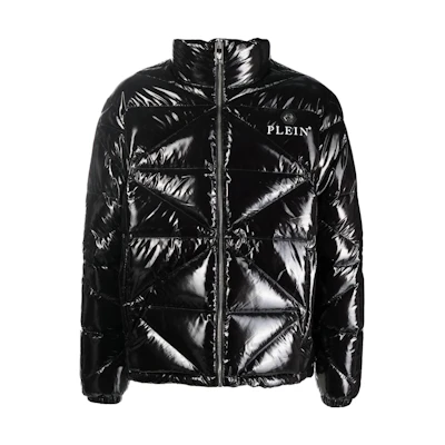Philipp Plein SS23 Glossy Letter Print High Neck Jacket Black Outerwear FABC-MRB2028-PNY002N-02