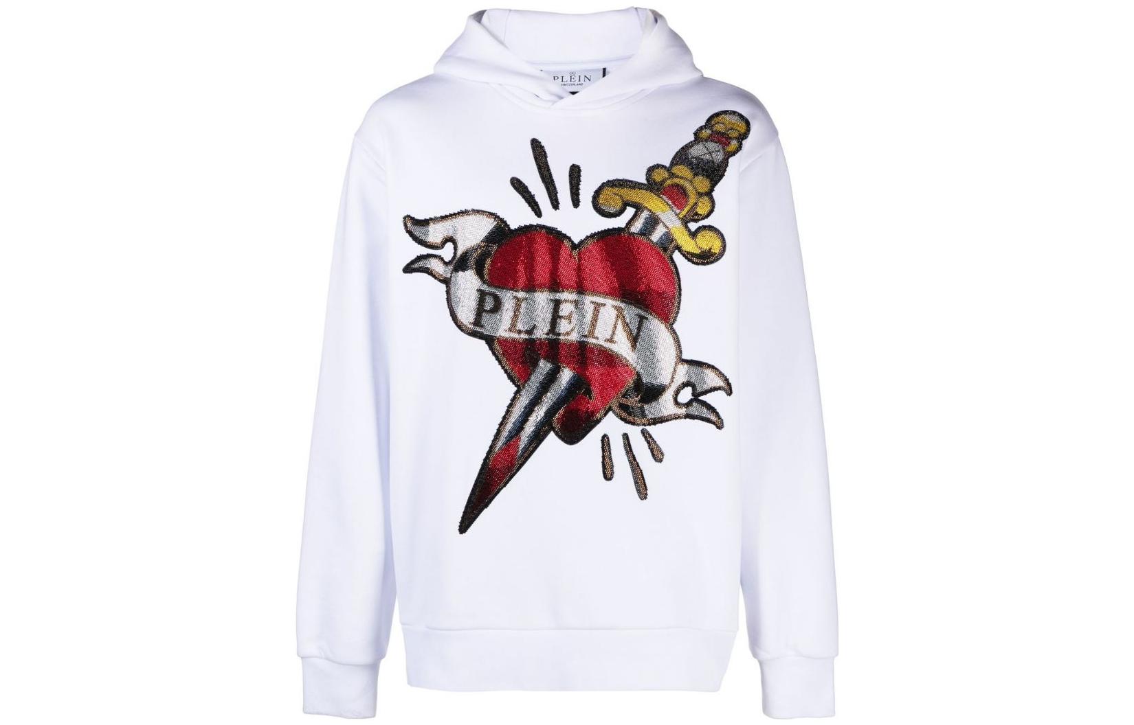 PHILIPP PLEIN SS23 Heart & Dagger Rhinestone Pullover Sweatshirt White Mens PACC-MJB2994-PJO002N-01