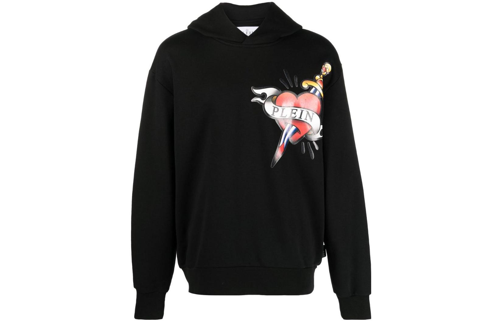 PHILIPP PLEIN SS23 Heart Dagger Graphic Pullover Hoodie Black Menswear PACC-MJB2993-PJO002N-02