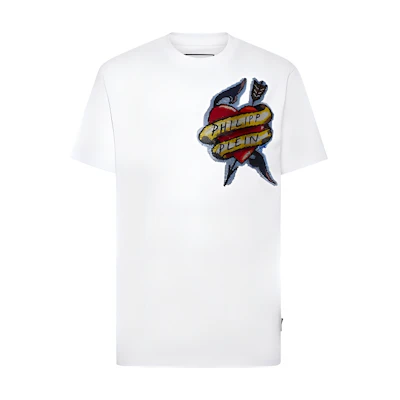 PHILIPP PLEIN SS23 Heart Logo Graphic Crewneck Short Sleeve T-Shirt White PACC-MTK6116-PJY002N-01