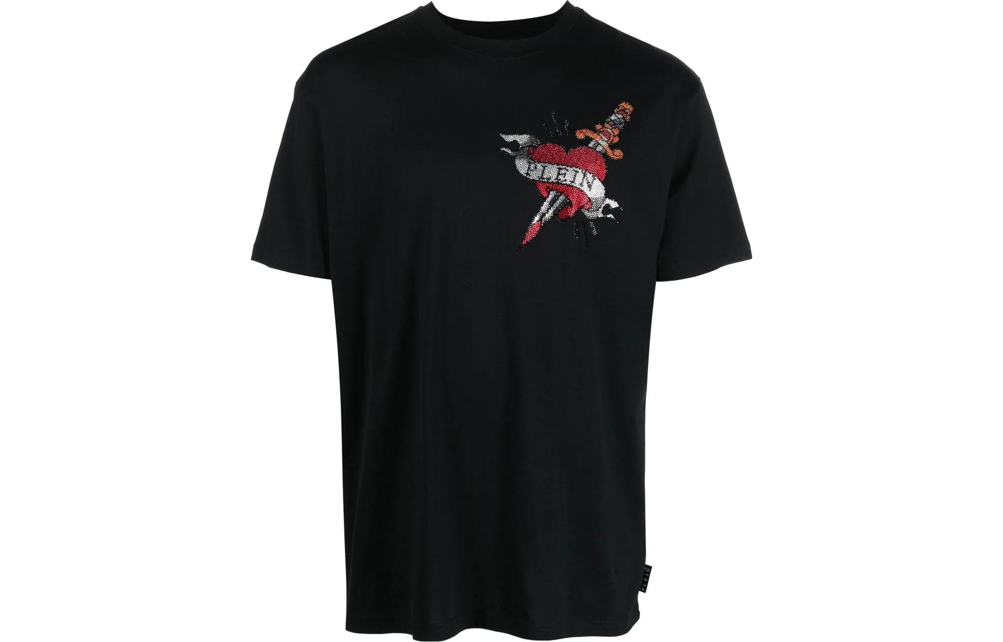 PHILIPP PLEIN SS23 Heart Logo Sequin Crewneck T-Shirt  Black PACC-MTK6278-PJY002N-02