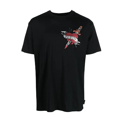 PHILIPP PLEIN SS23 Heart Logo Sequin Crewneck T-Shirt Black PACC-MTK6278-PJY002N-02