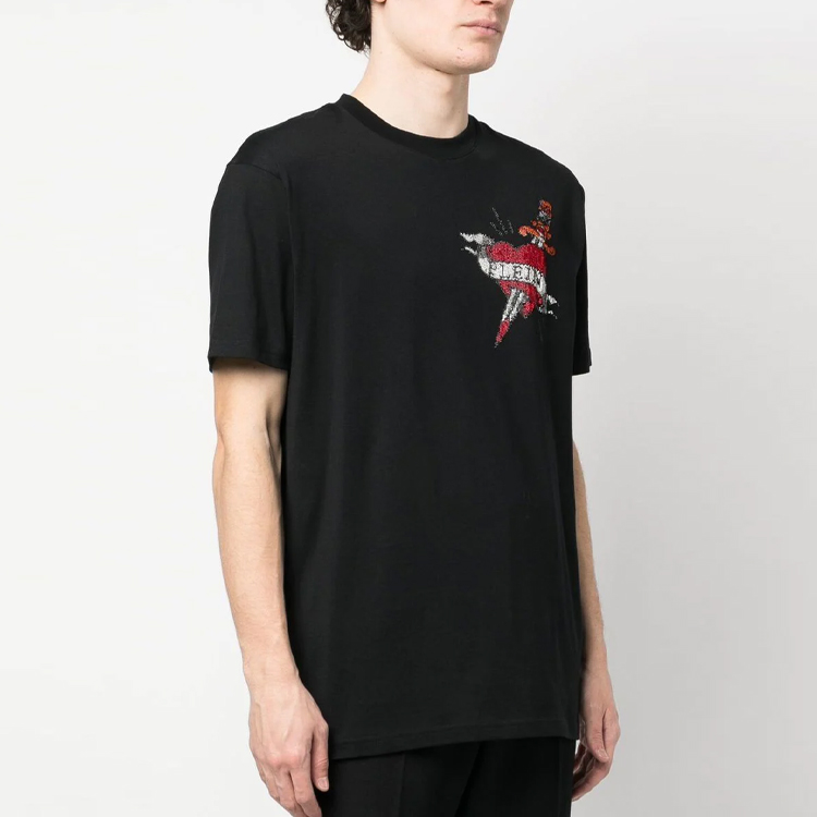 Shop PHILIPP PLEIN SS23 心形標誌亮片圓領T恤 黑色 PACC-MTK6278-PJY002N-02