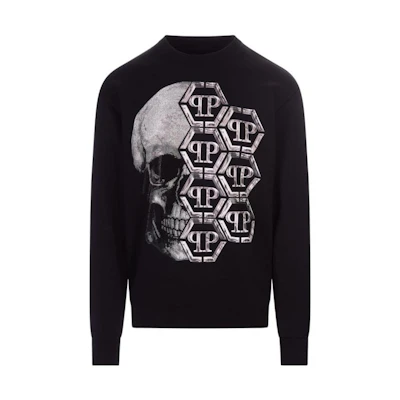 PHILIPP PLEIN SS23 Letter Skull Print Black Long-Sleeve Sweatshirt Men FACC-MJO1034-PJO002N-02