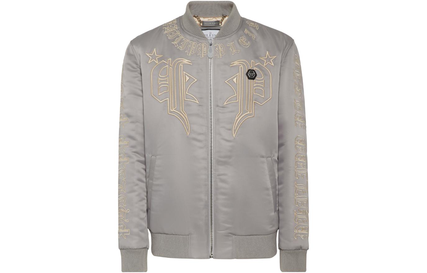 PHILIPP PLEIN SS23 Logo Embroidered Bomber Jacket Men’s Grey FACC-MRB2176-PTE003N-10