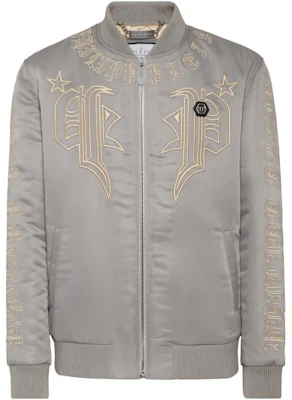 PHILIPP PLEIN SS23 刺繡徽標灰色男士飛行外套 FACC-MRB2176-PTE003N-10 Buy PHILIPP PLEIN SS23 刺繡徽標灰色男士飛行外套 FACC-MRB2176-PTE003N-10