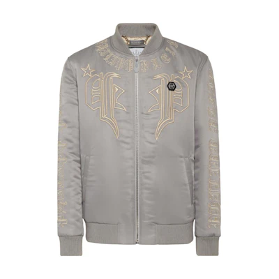 PHILIPP PLEIN SS23 Logo Embroidered Bomber Jacket Men’s Grey FACC-MRB2176-PTE003N-10