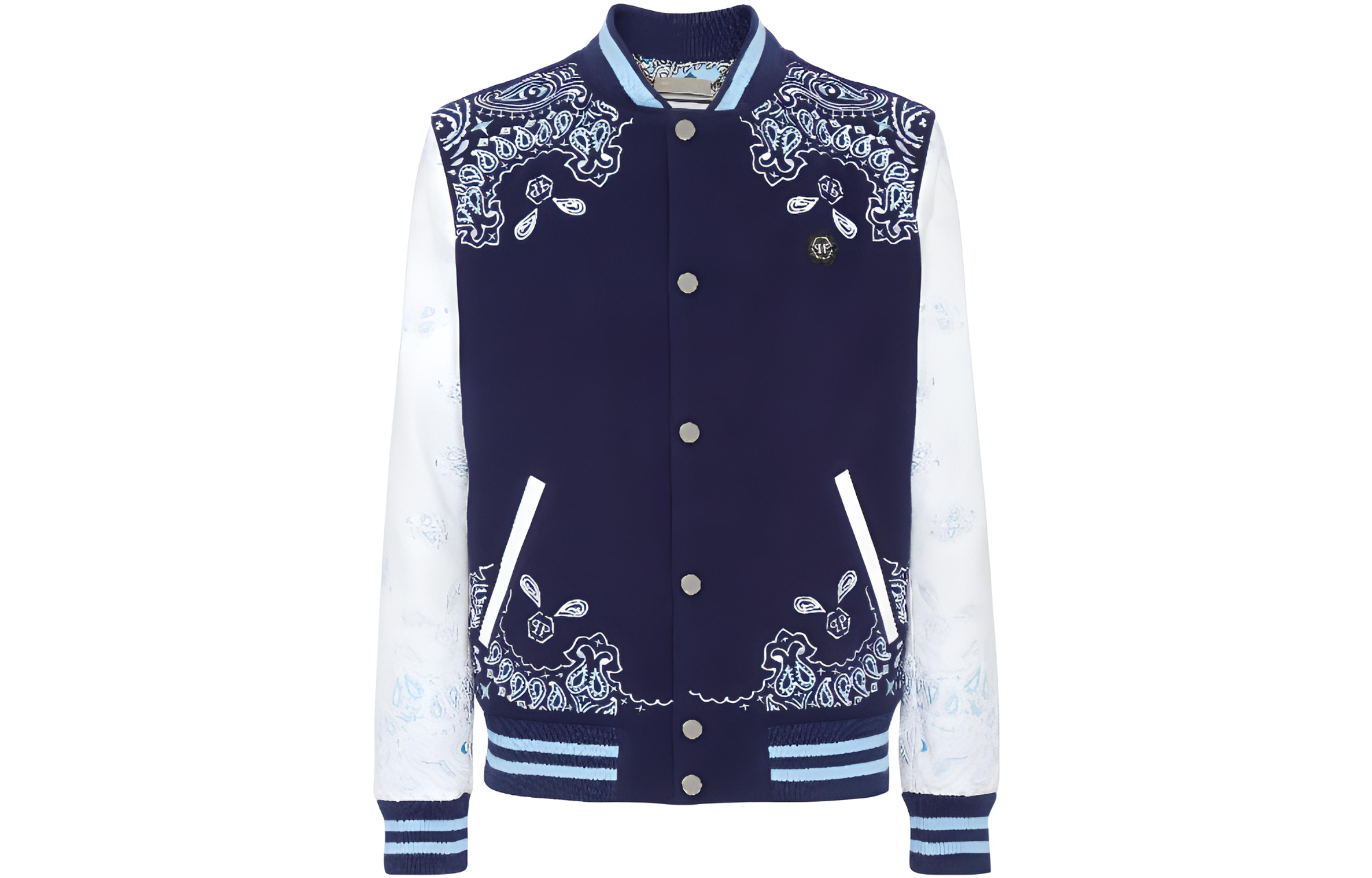 PHILIPP PLEIN SS23 Logo Paisley Print Bomber Jacket Blue FACC-MLB1757-PLE131N-14