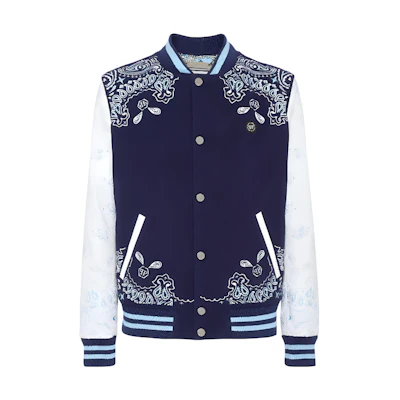 PHILIPP PLEIN SS23 Logo Paisley Print Bomber Jacket Blue FACC-MLB1757-PLE131N-14
