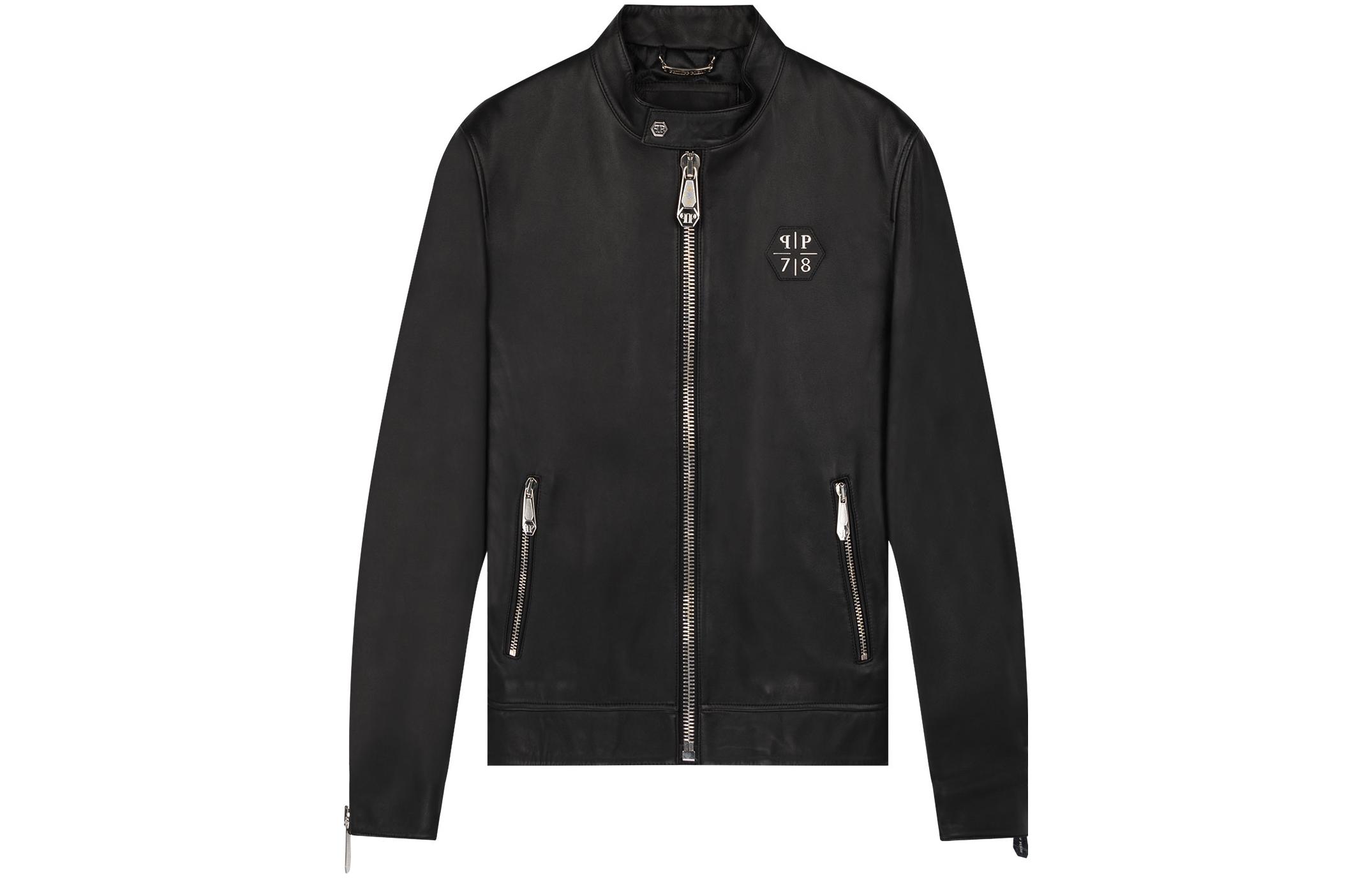 PHILIPP PLEIN SS23 Logo Patch Zip-Up Jacket Black PPO-MLB1415-PLE002N-02