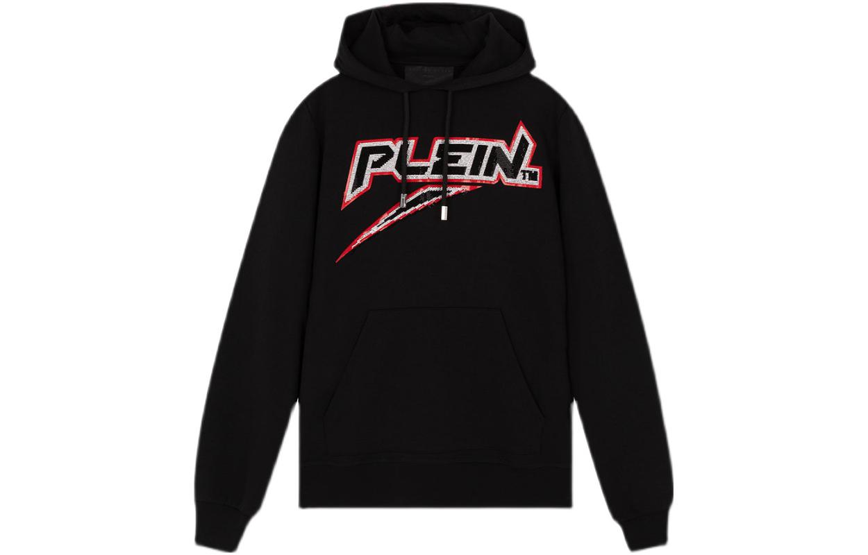 PHILIPP PLEIN SS23 Rhinestone Logo Drawstring Hoodie Black A19C-MJB1608-PJO002N-02
