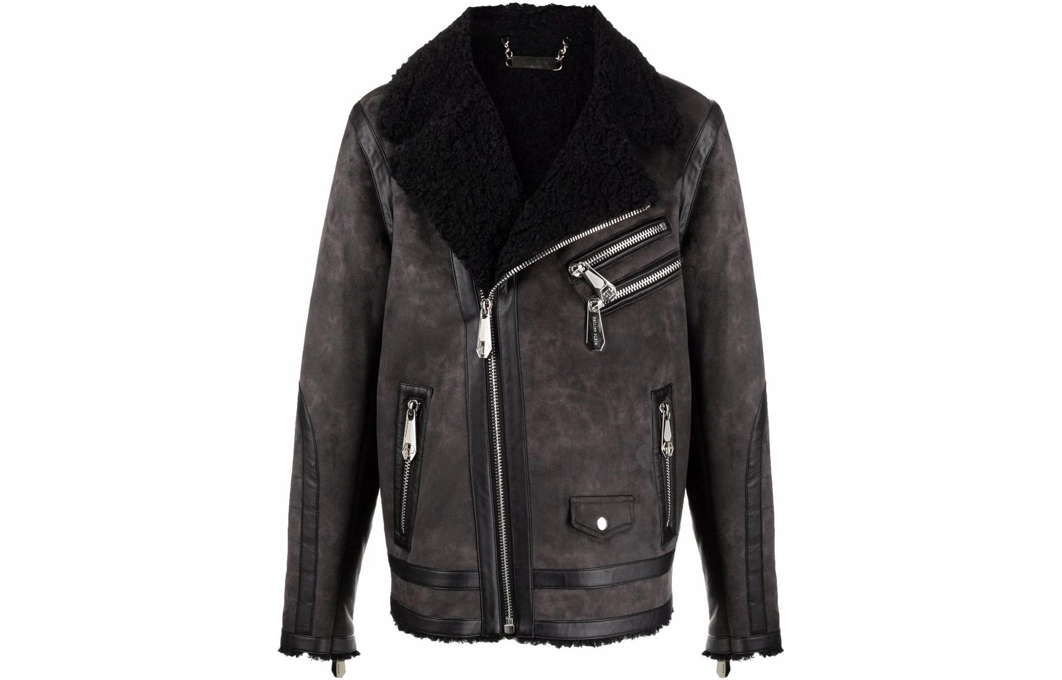 PHILIPP PLEIN SS23 Shearling-Trim Biker Jacket AAAC-MRB1747-PTE003N-02