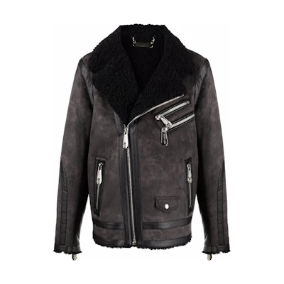 PHILIPP PLEIN SS23 Shearling-Trim Biker Jacket AAAC-MRB1747-PTE003N-02