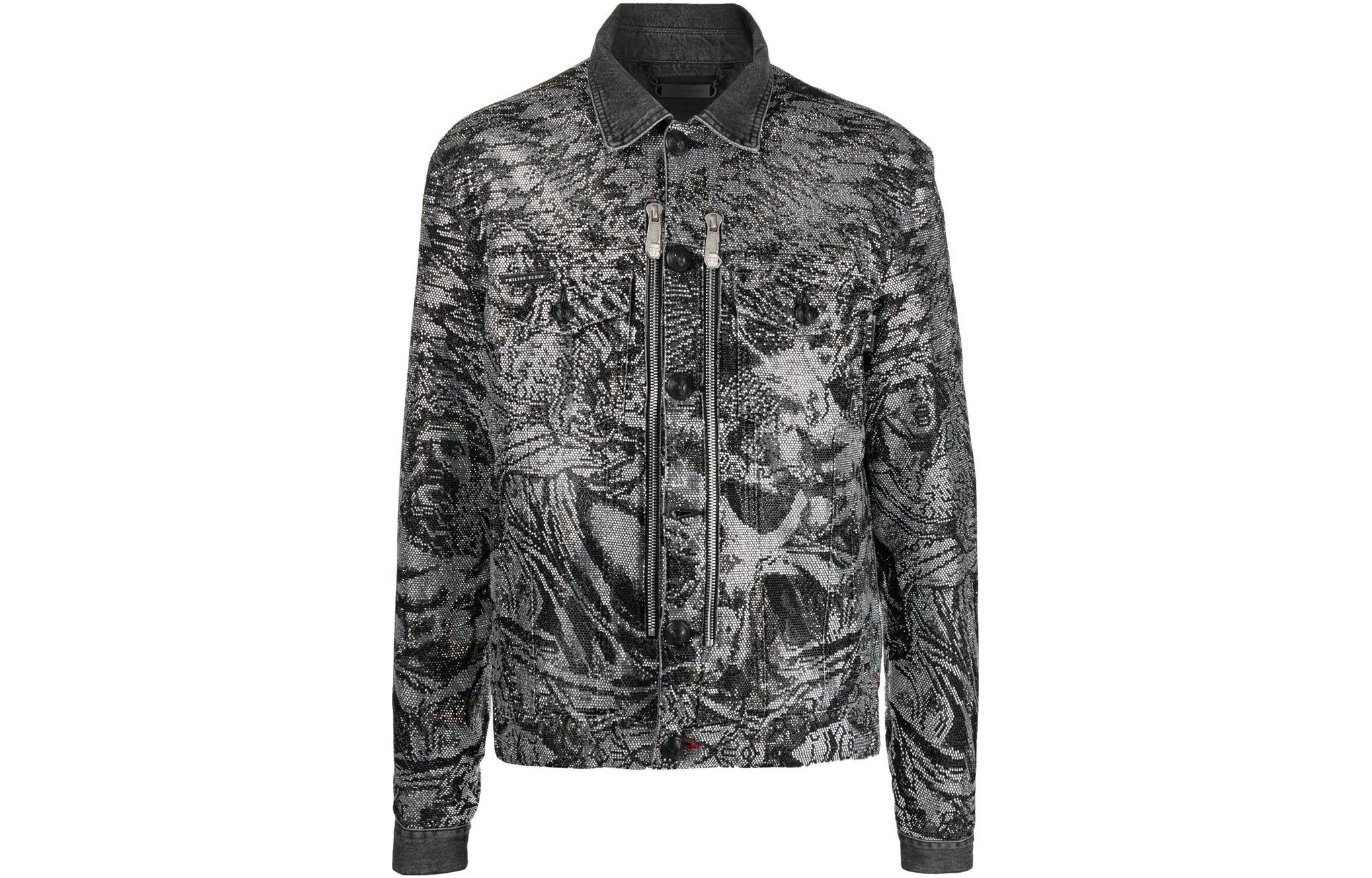 PHILIPP PLEIN SS23 Silver Crystal Embellished Graphic Print Jacket for Men PACC-MDB0524-PDE004N-10KR