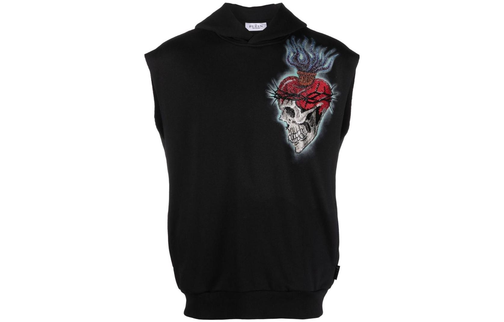 PHILIPP PLEIN SS23 Skull Cartoon Graphic Sleeveless Hoodie Black PACC-MJB2985-PJO002N-02