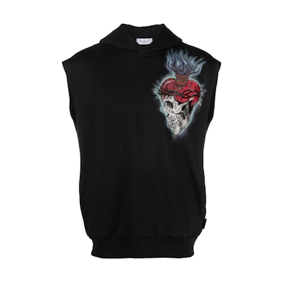 PHILIPP PLEIN SS23 Skull Cartoon Graphic Sleeveless Hoodie Black PACC-MJB2985-PJO002N-02