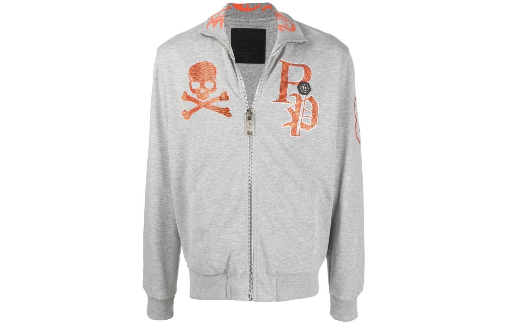 PHILIPP PLEIN SS23 Skull Crystal Logo Zip-Up Hoodie Men’s Gray PABC-MJJ0326P-JO002N-10