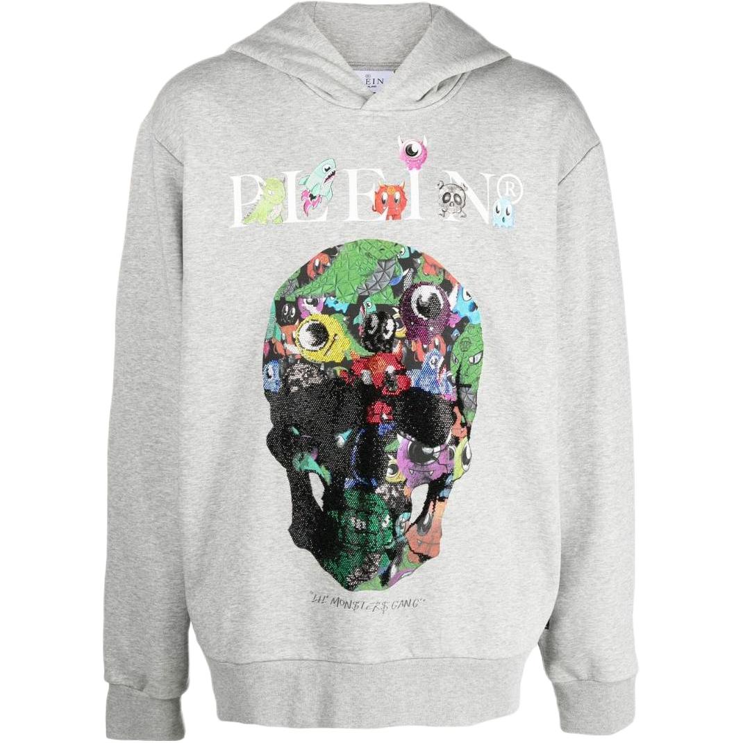 PHILIPP PLEIN SS23 Skull Logo Print Hoodie Mens Grey AABC-MJB2738-PJY002N-1021