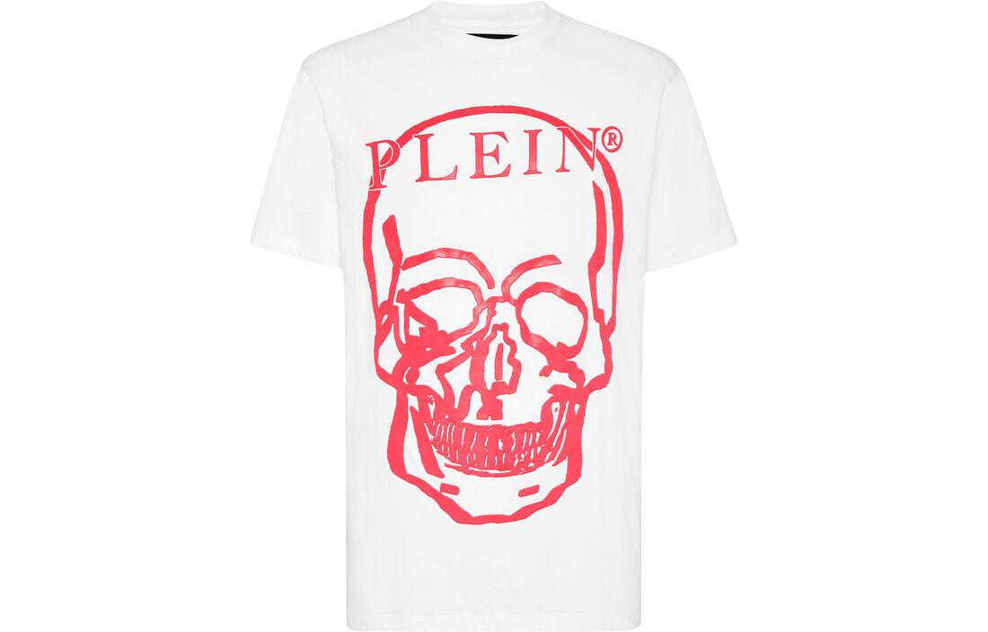 PHILIPP PLEIN SS23 Skull Logo Print Unisex Couple T-Shirt White Pink SABC-UTK0157-PJY002N-0133