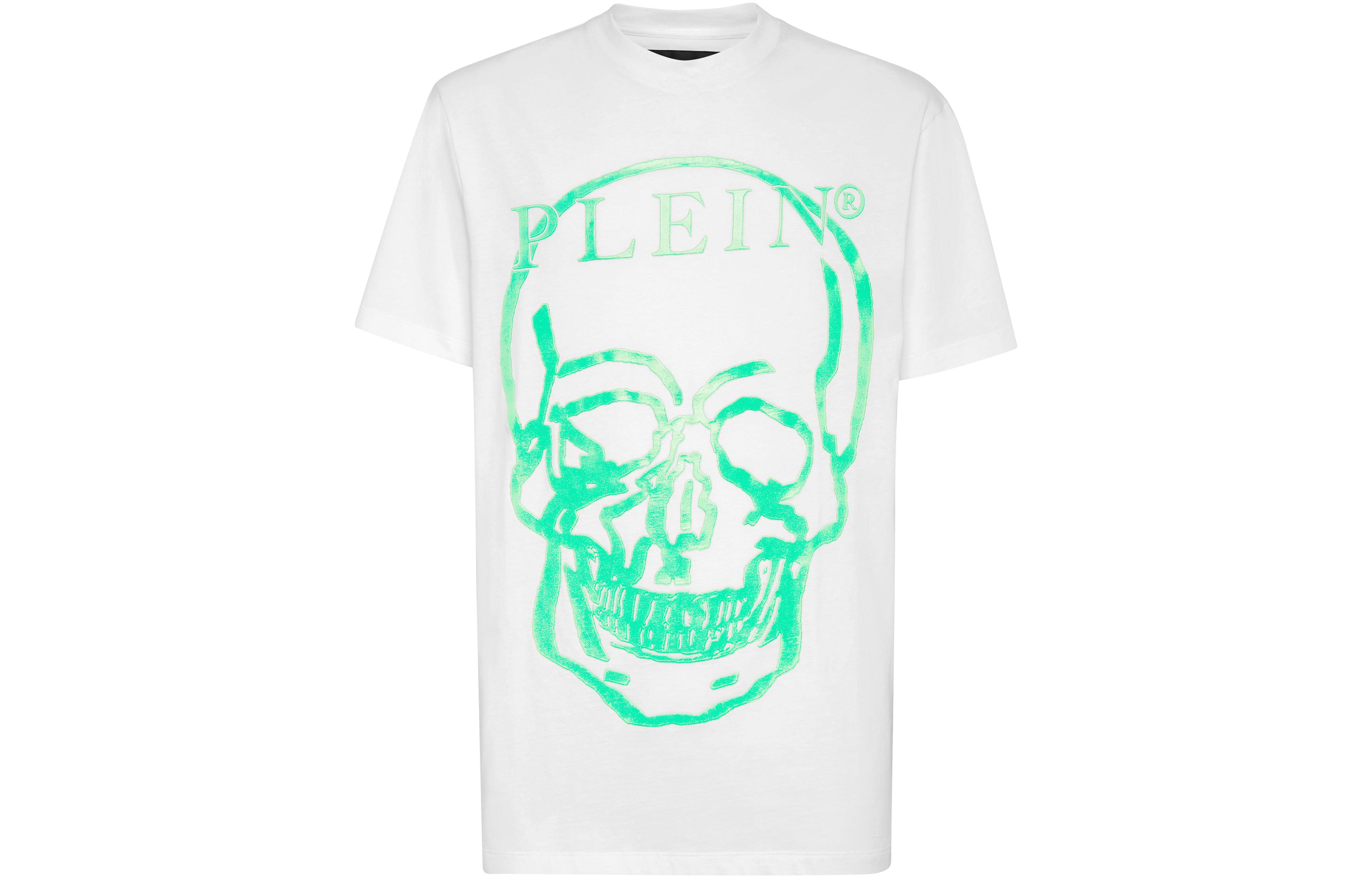 PHILIPP PLEIN SS23 Skull Logo Print Unisex White-Green Short Sleeve T-Shirt. SABC-UTK0157-PJY002N-0105