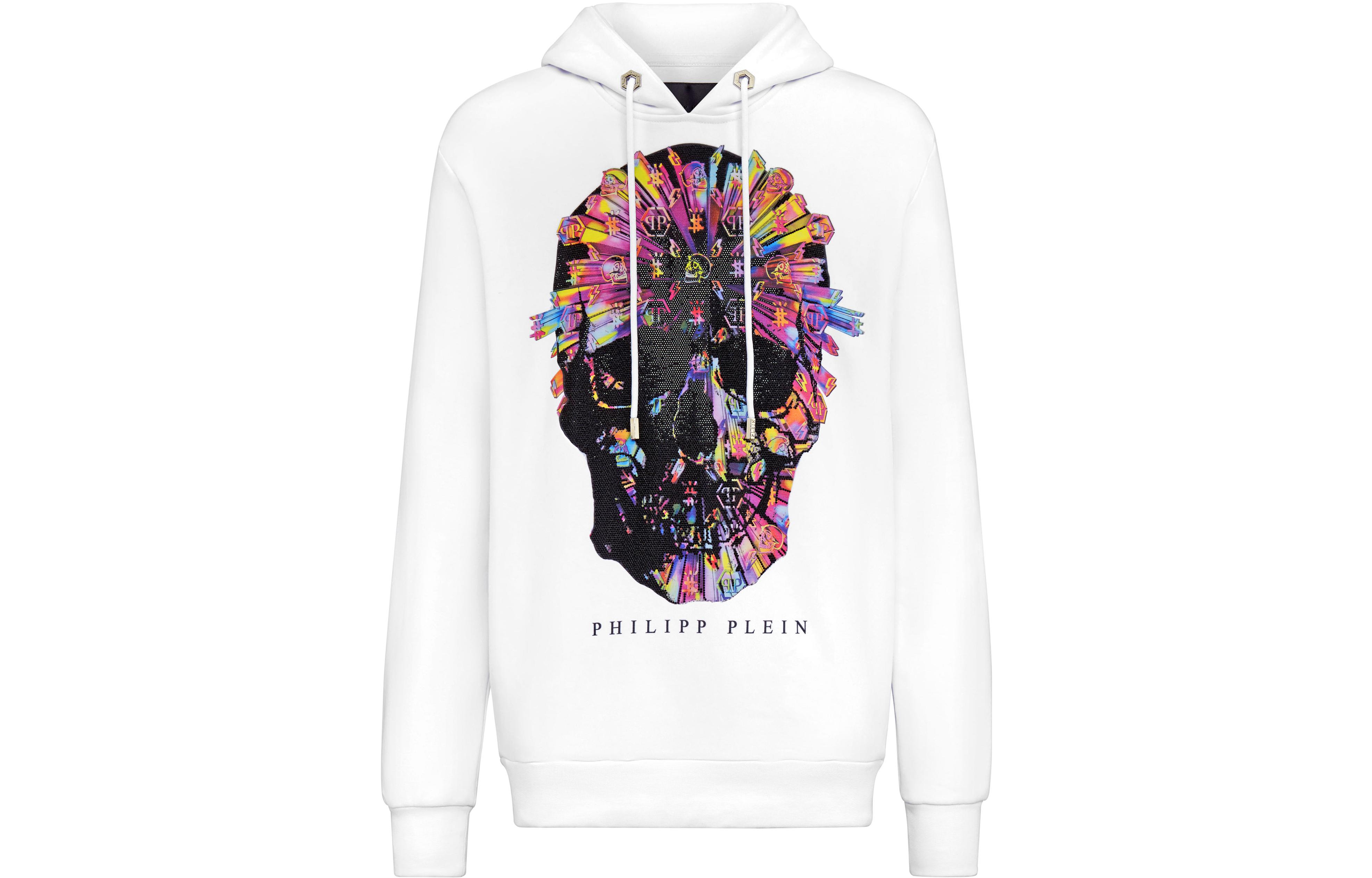 PHILIPP PLEIN SS23 Skull Logo Print White Hoodie Unisex Long Sleeve Casual Wear PAAC-UJB0014-PJO002N-01
