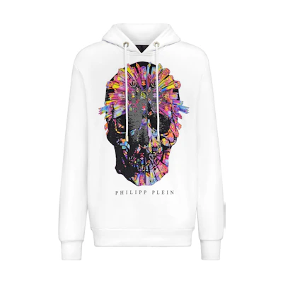 PHILIPP PLEIN SS23 Skull Logo Print White Hoodie Unisex Long Sleeve Casual Wear PAAC-UJB0014-PJO002N-01