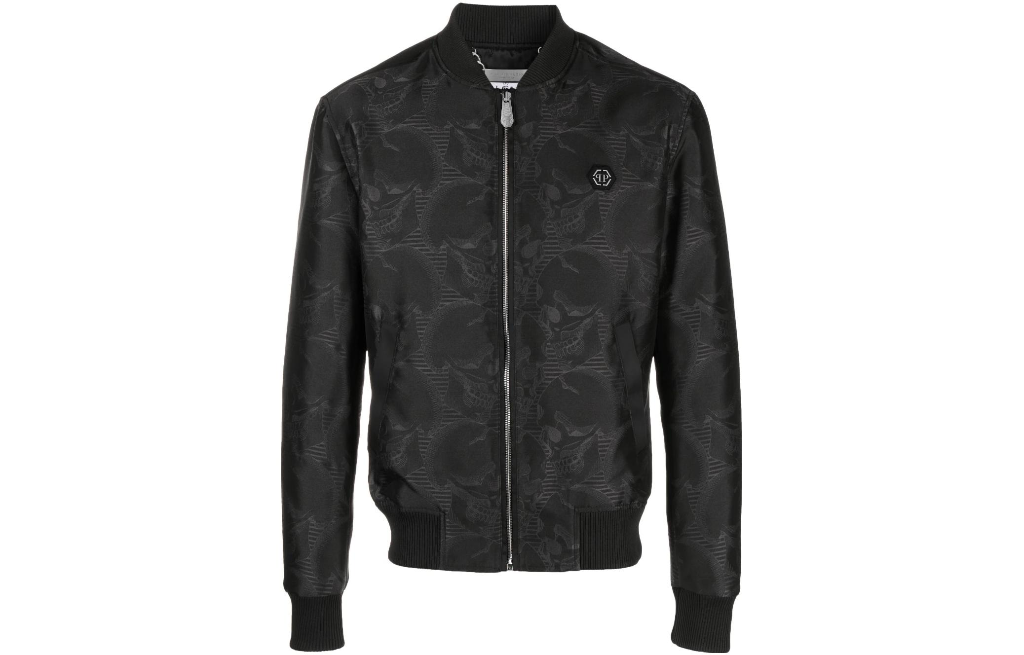 PHILIPP PLEIN SS23 Skull Pattern Zip-Up Baseball Jacket Men’s Black PACC-MRB2232-PTE003N-02
